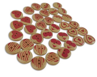 6 red heart sewing buttons, 20mm wooden buttons, Decorative natural craft buttons
