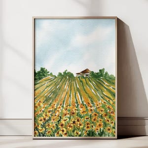 Sunflower Field Art Print, Watercolor Sunflowers, Watercolor Landscape Digital Print, Aesthetic Summer Art Print, Digital Sunflower Wall Art