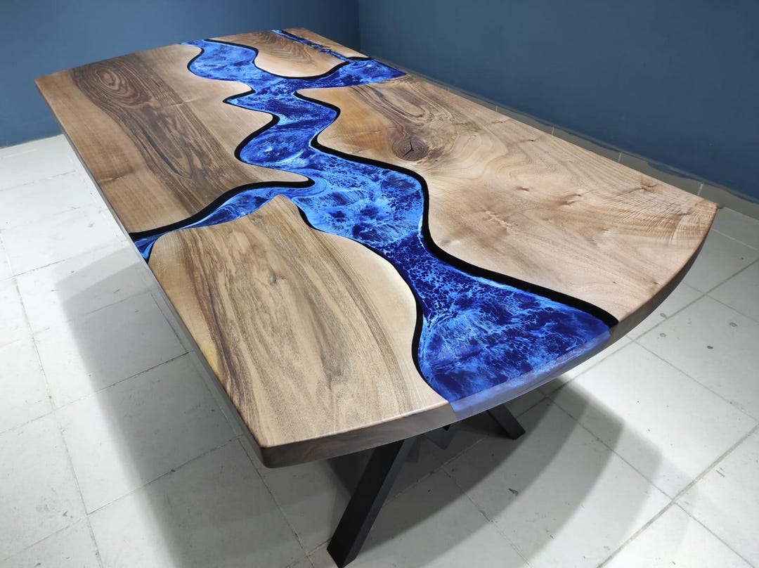Walnut Tree Ocean Sea Epoxy Oval Table- Handmade Live Edge Office Desk ...