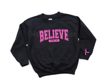 Sudadera Believe: Fe cristiana, concienciación sobre el cáncer de mama - Cuello redondo de algodón unisex