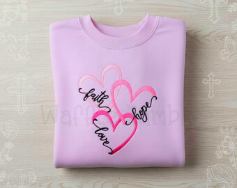 Sudadera bordada con fe, esperanza y amor. Camiseta cristiana de cuello redondo para concienciar sobre el cáncer de mama. Corintios 13:13.