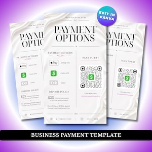 May include: A white business payment template featuring the text PAYMENT OPTIONS, sections for Apple Pay, Cash App, and cash, a scan to pay QR code, and a deposit policy stating a $25 deposit is required to secure an appointment for services.