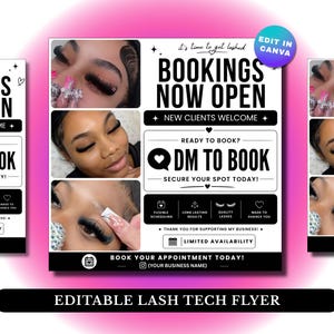 Lash Tech Bookings Open Canva Template, Eyelash Extension Instagram Flyer, Beauty Salon Appointment Post, DM to Book Social Media Design