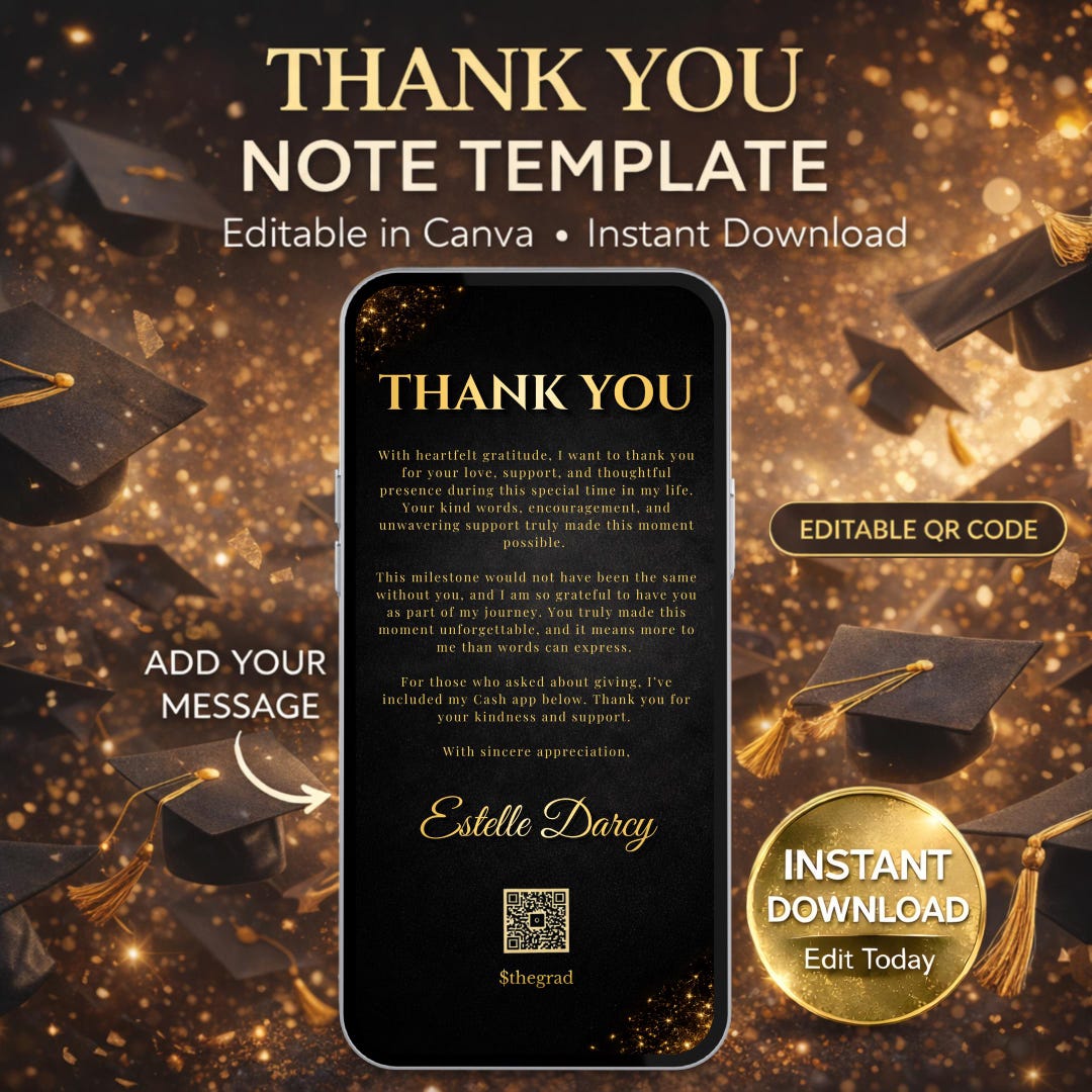 Graduation Thank You Note Template, Black Gold Canva Design (instant ...
