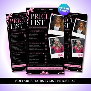 May include: A black and pink editable price list template for hair services featuring sections for wig services, silk press services, and add-on services. The design includes pink ribbon graphics, polaroid-style photo frames, and text.