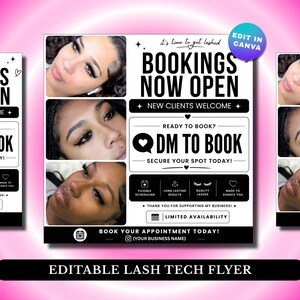 Puede incluir: Un folleto en blanco y negro con el texto "BOOKINGS NOW OPEN" y "DM TO BOOK". El folleto incluye imágenes de personas con extensiones de pestañas y el texto "New Clients Welcome". Es un folleto de tecnología de pestañas editable.