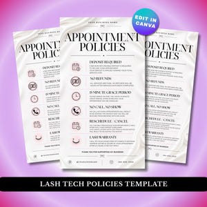 May include: A white digital template for lash technician appointment policies featuring a silk-like background texture. The document includes sections for deposits, refunds, grace periods, no-shows, rescheduling, and lash warranties with icons.