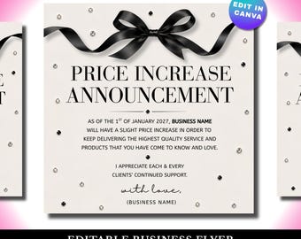 Bearbeitbare Canva-Vorlage für die Ankündigung von Preiserhöhungen, Social-Media-Post für Beauty-Unternehmen (Digitaler Download)