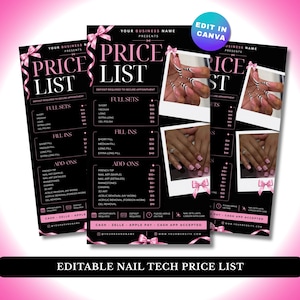 Bearbeitbare Canva-Vorlage für eine Nagelpreisliste | Preisliste für Nagelstudios (Pink/Schwarz) | Instagram-Bundle für Flyer von Schönheitssalons