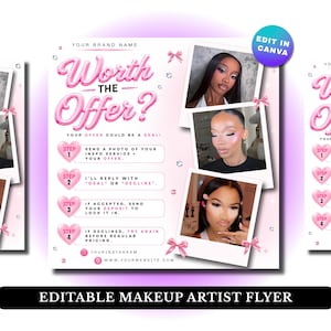 Peut inclure: Un modèle de flyer modifiable pour maquilleur avec le texte Worth The Offer? en lettres roses style ballon. Il comprend quatre étapes de réservation, des icônes de cœurs roses, trois photos style polaroïd de personnes maquillées et un badge bleu Edit In Canva.