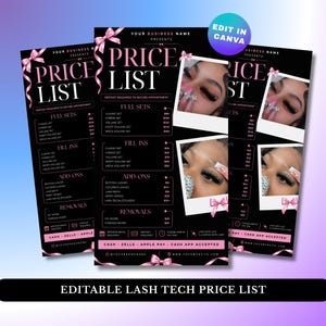 Könnte beinhalten: Eine schwarze digitale Preisliste für Wimpernstylisten mit rosa Schleifen und Polaroid-Fotos von Augen mit Wimpernverlängerungen. Der Text enthält Abschnitte für Neuanlagen, Auffüllungen, Zusatzleistungen und Entfernungen mit Zahlungssymbolen.