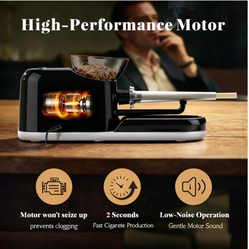 May include: A black and white electric cigarette rolling machine with a clear tobacco hopper. The machine has a cutaway view of the motor, and the text "High-Performance Motor" is displayed above. Additional text includes "Motor won't seize up," "2 Seconds," and "Low-Noise Operation."