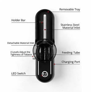 May include: Black device with a curved design, featuring a removable tray, stainless steel material inlet, and a detachable material inlet. It has a feeding tube, charging port, and an LED switch. The text indicates it adjusts the tightness of tobacco.