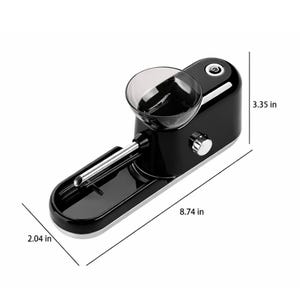 May include: Black electric cigarette rolling machine. The device has a clear plastic bowl, a silver metal tube, and a black base. The dimensions are 8.74 inches long, 2.04 inches wide, and 3.35 inches high.