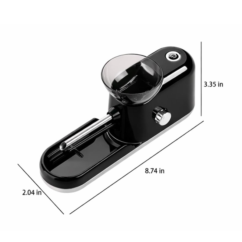 May include: Black electric cigarette rolling machine. The device has a clear plastic bowl, a silver metal tube, and a black base. The dimensions are 8.74 inches long, 2.04 inches wide, and 3.35 inches high.