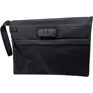 May include: Black zippered pouch with a combination lock. The pouch has a mesh pocket on the front and a handle on the side. The combination lock is centered on the front of the pouch. The pouch is made of a durable, water-resistant material.
