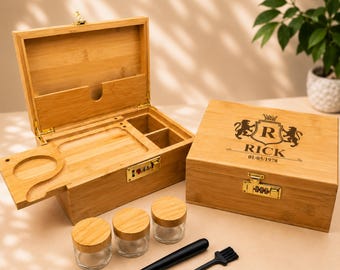 Personalized Bamboo Box | Custom Engraved Lockable Storage Organizer with Rolling Tray | Odor-Reducing Keepsake Box
