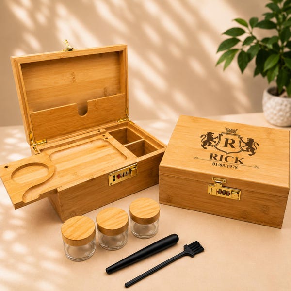 Personalized Bamboo Box | Custom Engraved Lockable Storage Organizer with Rolling Tray | Odor-Reducing Keepsake Box