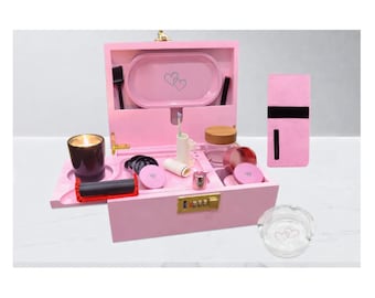 Pink Bamboo Box with Combination Lock, Rolling Tray, Adjustable Dividers & Accessory Kit