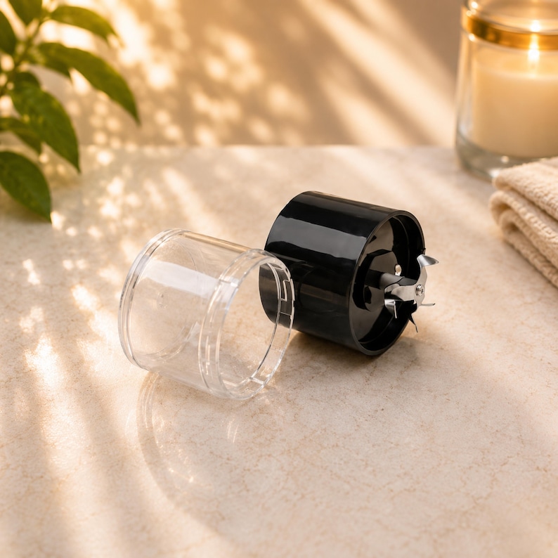 May include: A clear plastic cylindrical container positioned next to a black motor base component featuring a central metal blade assembly with four sharp, pointed edges designed for blending or chopping food items in a kitchen appliance.