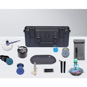 May include: A collection of smoking accessories, including a black case, grinder, ashtray, rolling tray, and a small alien figurine. The set includes a blue lock, a rolling machine, and a variety of containers and tools.
