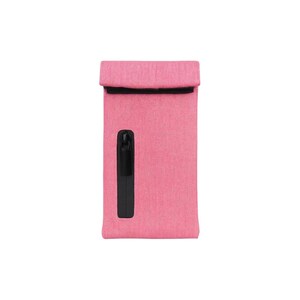 May include: A rectangular pink pouch with a textured fabric finish, featuring a fold-over top closure and a vertical black zippered pocket on the front. The design includes a black trim along the top edge and a black zipper pull on the front pocket.