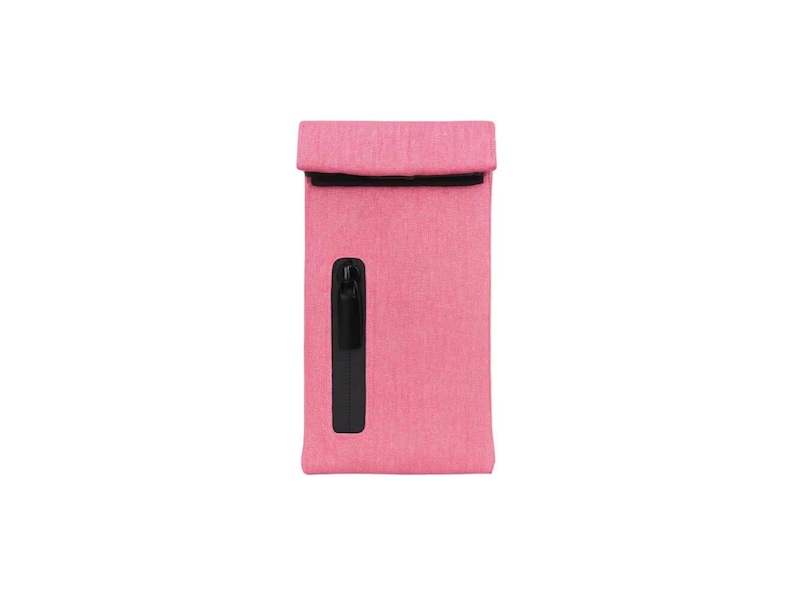 May include: A rectangular pink pouch with a textured fabric finish, featuring a fold-over top closure and a vertical black zippered pocket on the front. The design includes a black trim along the top edge and a black zipper pull on the front pocket.