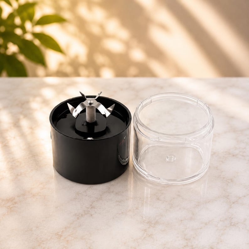 May include: A black cylindrical blender base featuring a central metal blade assembly with four sharp prongs, positioned next to a separate, empty, clear cylindrical plastic container designed to attach to the base for blending food items.