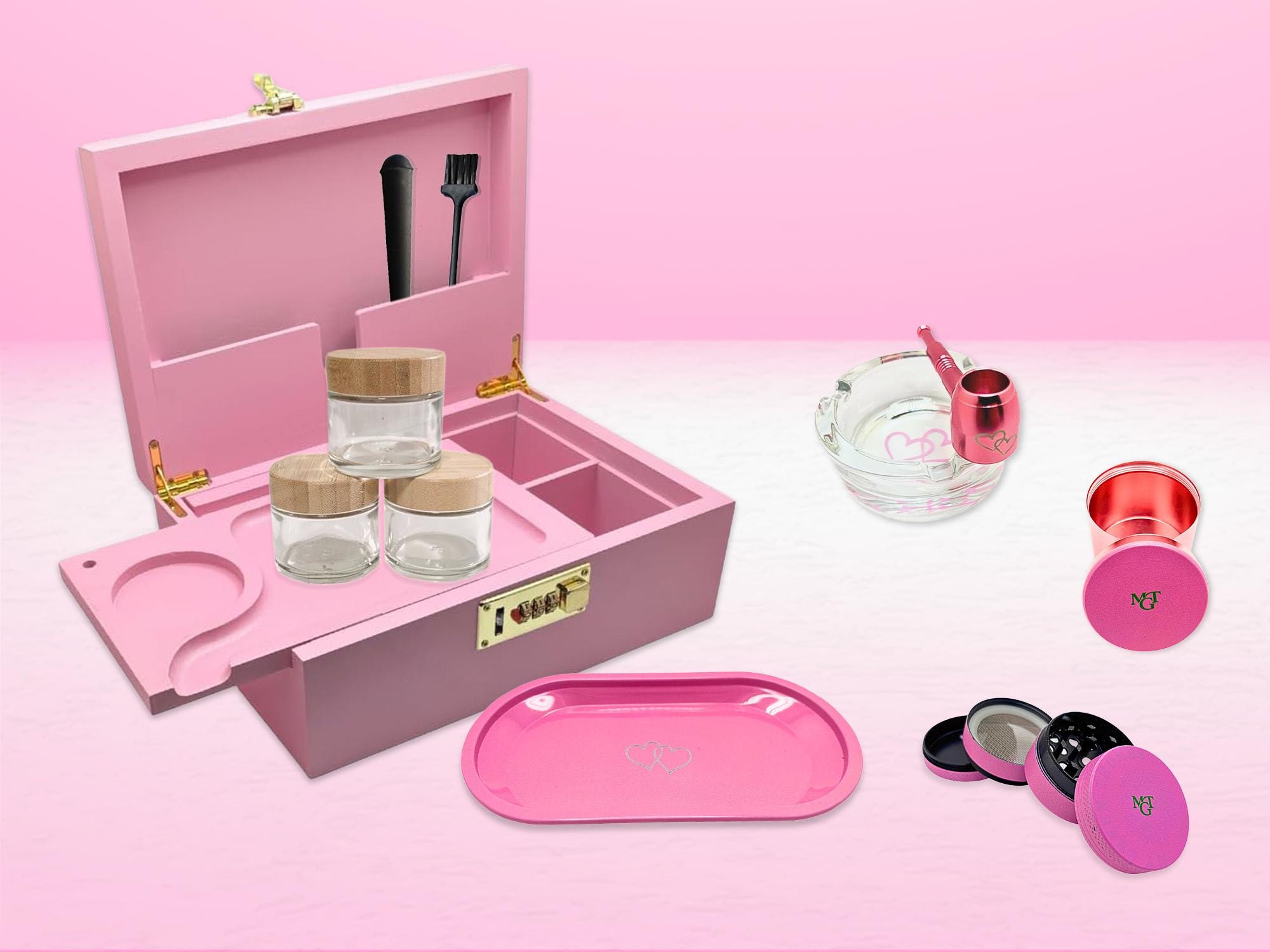 Pink Heart Gift Set | Lockable Storage Box, Travel Pouch & Rolling
