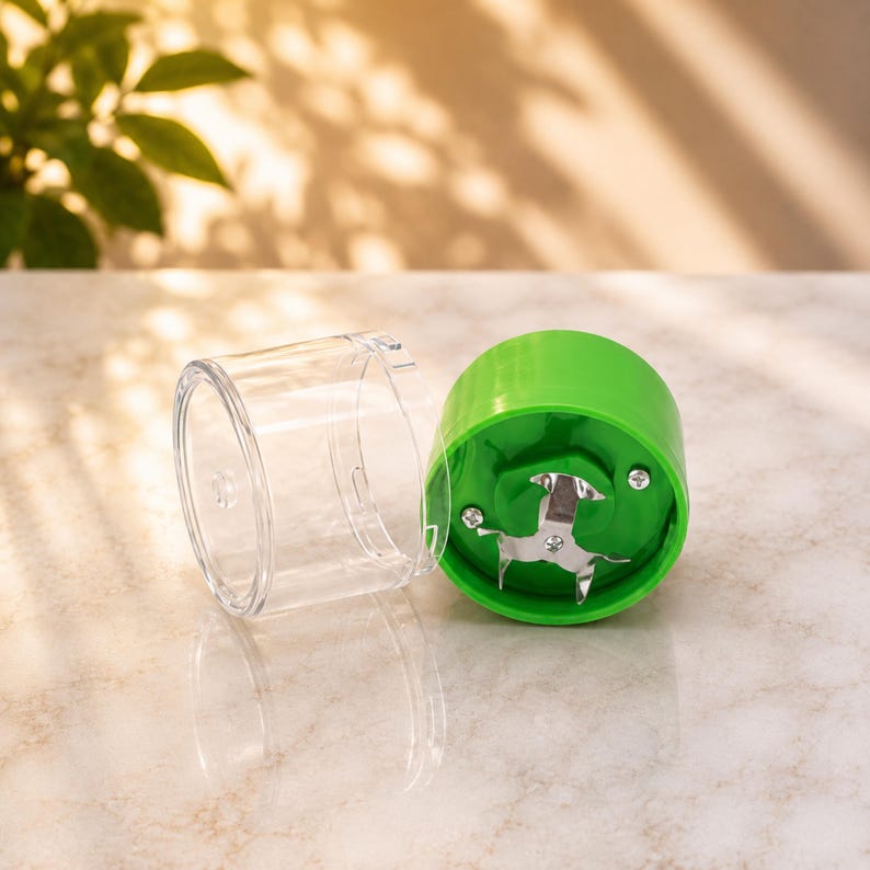 May include: A clear plastic cylindrical container positioned next to a bright green circular lid featuring a central metal blade assembly with four sharp prongs secured by two small silver screws, designed for a small kitchen food processor unit.
