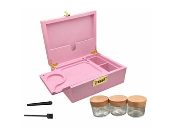 Pink Bamboo Box with Combination Lock, Rolling Tray & Adjustable Dividers