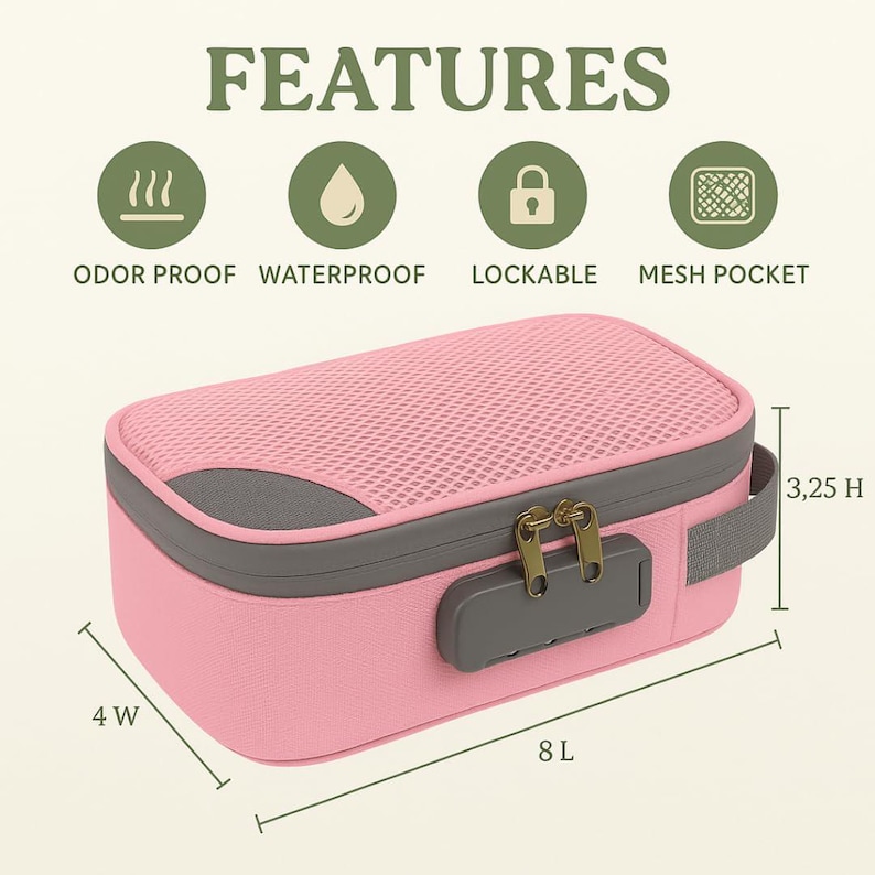 May include: A rectangular pink and gray storage case with a mesh top, a combination lock, and a side handle. The text reads FEATURES, ODOR PROOF, WATERPROOF, LOCKABLE, MESH POCKET. Dimensions are labeled as 8 L, 4 W, and 3.25 H inches.