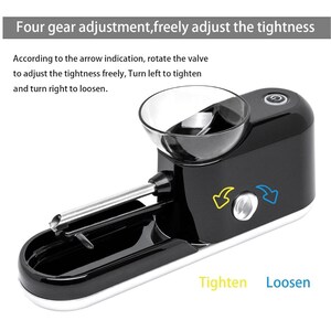 May include: Black and white electric cigarette rolling machine with a clear bowl, a silver tube, and a white base. The text on the machine says "Tighten" and "Loosen".