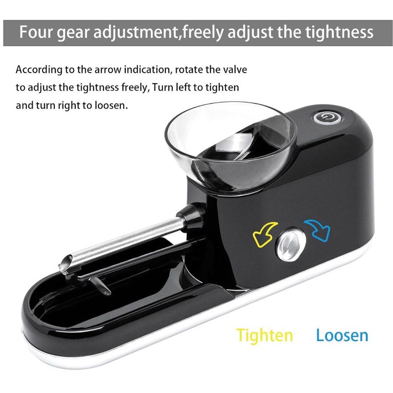 May include: Black and white electric cigarette rolling machine with a clear bowl, a silver tube, and a white base. The text on the machine says "Tighten" and "Loosen".
