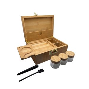 Wooden Bamboo Box with Combination Lock, Rolling Tray & Adjustable Dividers