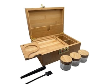 Bambusbox aus Holz mit Zahlenschloss, Rolltablett und verstellbaren Trennwänden