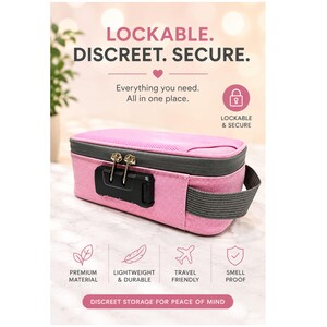 May include: A rectangular pink storage case with a grey zipper and a black combination lock. The case features a grey side handle and text that reads: LOCKABLE. DISCREET. SECURE. Everything you need. All in one place. PREMIUM MATERIAL, LIGHTWEIGHT & DURABLE, TRAVEL FRIENDLY, SMELL PROOF, DISCREET STORAGE FOR PEACE OF MIND.