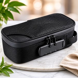 May include: A rectangular black storage case featuring a mesh top panel and a secure three-digit combination lock on the front. The case is constructed from a durable woven fabric and includes a side handle for carrying, providing a secure storage solution.