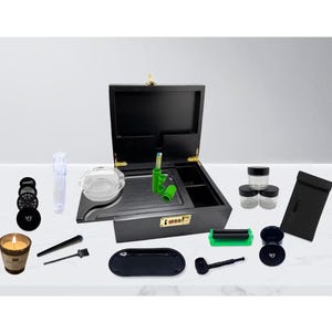 Black Bamboo Box with Combination Lock, Rolling Tray, Adjustable Dividers & Accessory Kit