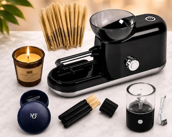 May include: A black electric cigarette rolling machine with a clear hopper, a bundle of pre-rolled paper cones, a small candle in a brown glass jar, a blue circular container with the letters MTG, three black filter tips, and a small black grinder.