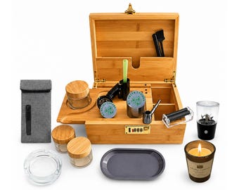 Lockable Bamboo Storage - Adjustable Box With Combination Lock, Tray, Dividers & Accessory Kit