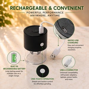 May include: A cylindrical black and clear electric grinder with a white power button and a micro USB charging port. The device includes a white USB-A charging cable. Text on the image reads: RECHARGEABLE & CONVENIENT, POWERFUL PERFORMANCE ANYWHERE, ANYTIME, MICRO USB CHARGING, BUILT-IN RECHARGEABLE BATTERY, ONE-TOUCH OPERATION, and USB-A CONNECTOR.