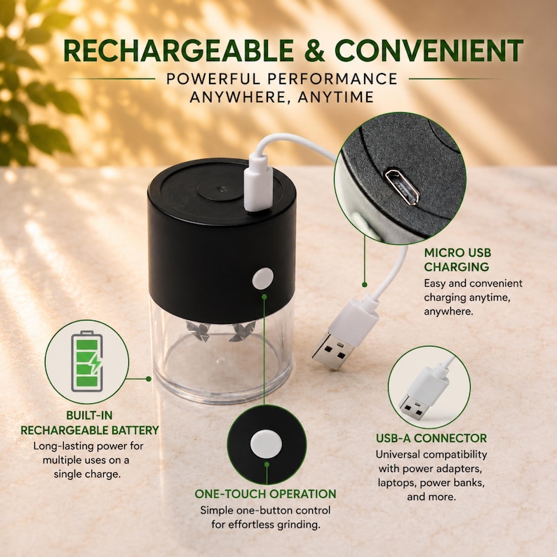 May include: A cylindrical black and clear electric grinder with a white power button and a micro USB charging port. The device includes a white USB-A charging cable. Text on the image reads: RECHARGEABLE & CONVENIENT, POWERFUL PERFORMANCE ANYWHERE, ANYTIME, MICRO USB CHARGING, BUILT-IN RECHARGEABLE BATTERY, ONE-TOUCH OPERATION, and USB-A CONNECTOR.