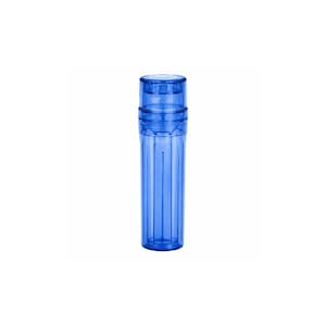 May include: A transparent blue cylindrical container with a ridged design. The container has a cap on top and is made of a clear, possibly plastic material. The container is standing upright against a white background.