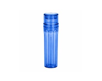 May include: A transparent blue cylindrical container with a ridged design. The container has a cap on top and is made of a clear, possibly plastic material. The container is standing upright against a white background.