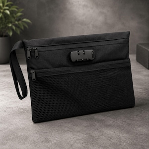 May include: A black rectangular zippered pouch featuring a three-digit combination lock on the front. The pouch includes a side wrist strap and a lower front section made of black mesh material. The design is sleek, functional, and secure.