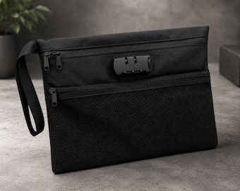 Große schwarze geruchssichere Clutch - abschließbare Aufbewahrungstasche für Sicherheit und diskrete Organisation