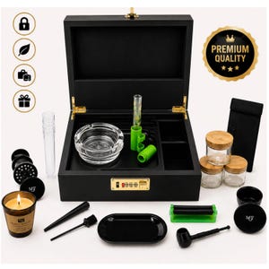 Lockable Bamboo Box - Black Adjustable Storage Kit With Combination Lock, Tray, Dividers & Accessories