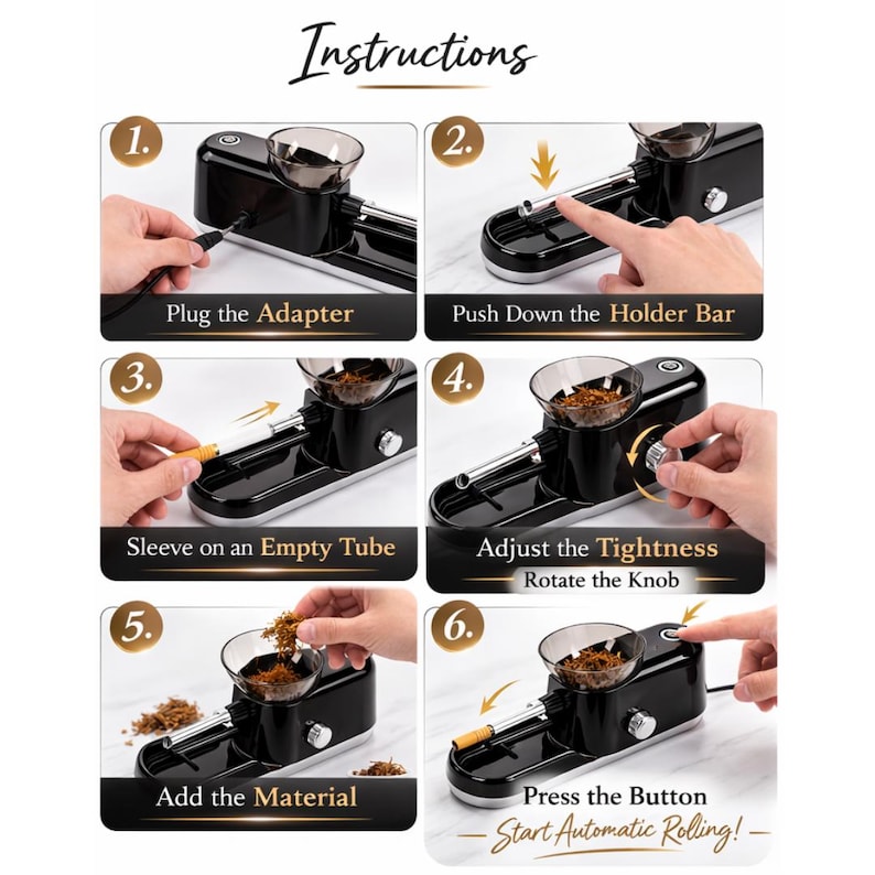 May include: Step-by-step instructions for using a black automatic rolling machine. The steps include plugging in the adapter, pushing down the holder bar, sleeving an empty tube, adjusting the tightness, adding material, and pressing the button.