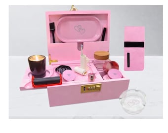 Lockable Pink Box - Adjustable Bamboo Storage With Combination Lock, Tray, Dividers & Accessory Kit